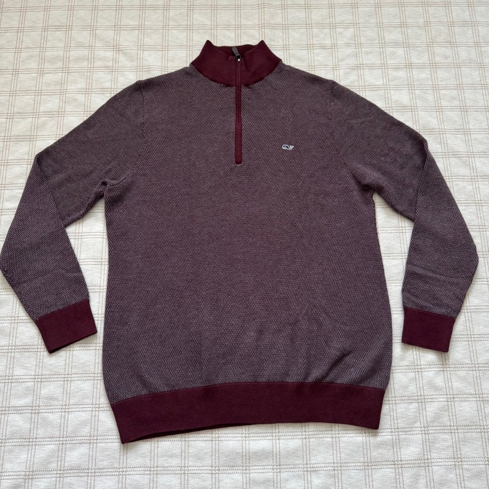 Vineyard‎ Vines Mens Large Burgundy Birds Eye Knit 1/4 Zip Pullover Sweater Wool